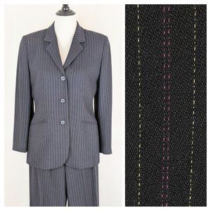 Women's Two Piece Pinstriped Black Pant Suit Matching Blazer Trouser Set Petite
